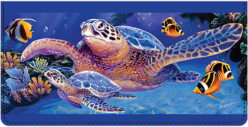 TRANQUIL DOLPHINS SEA TURTLES& CORAL PRETTY  VINYL CHECKBOOK COVER 